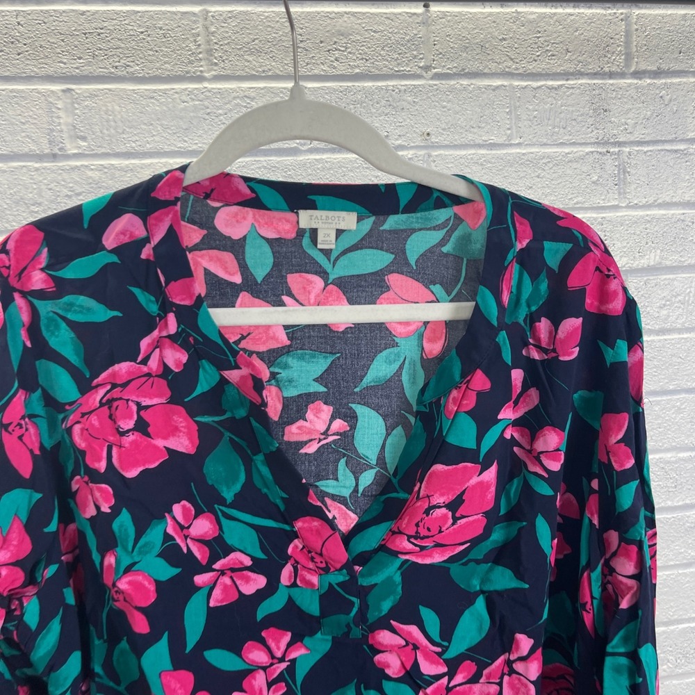 Talbots Floral Popover Top Womens 2X Pink Green Romantic Preppy - Picture 8 of 9